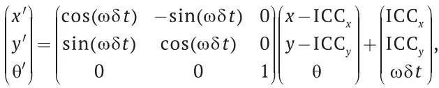 Уравнение для вычисления положения робота с помощью данных, полученных от датчиков правого и левого колес