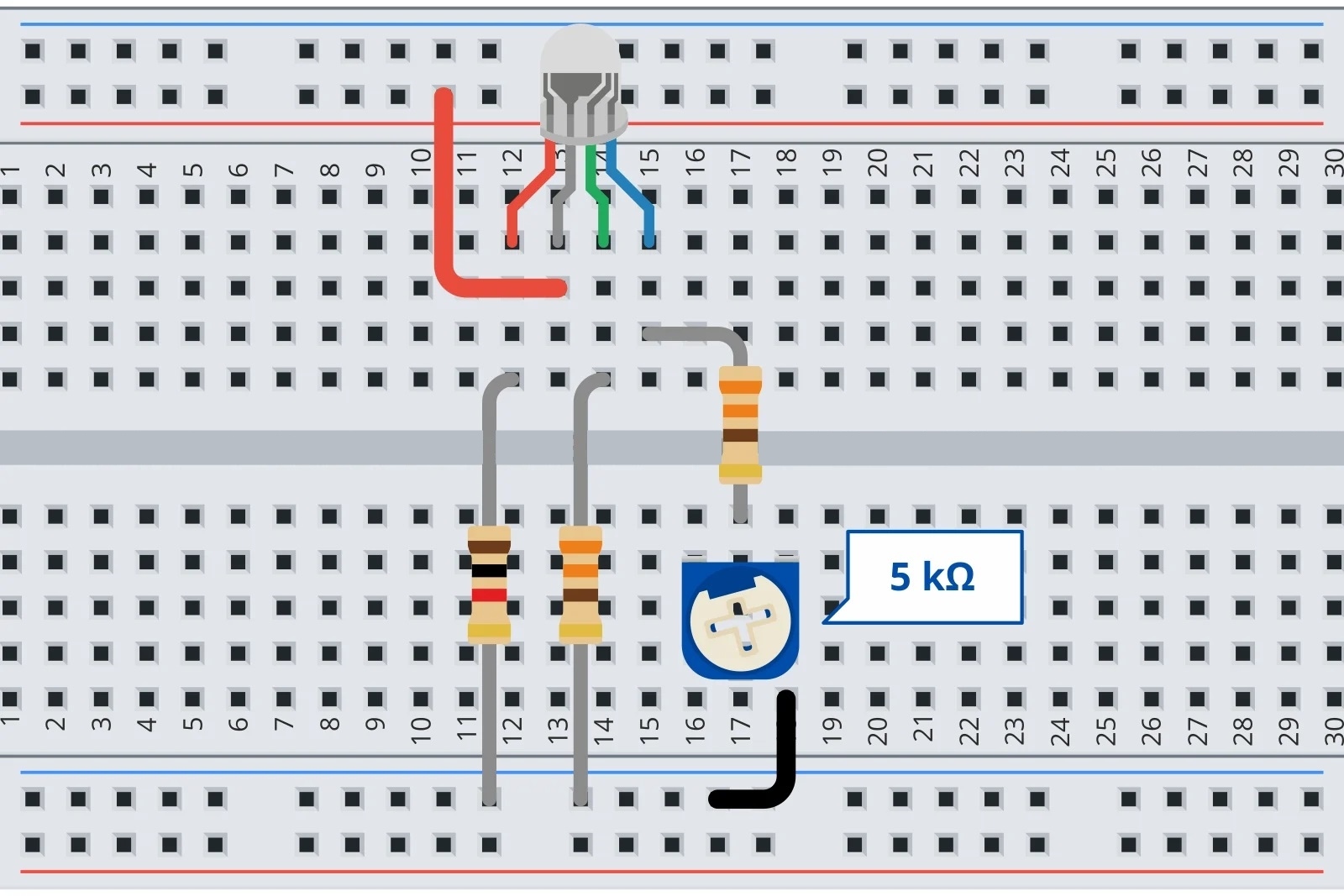 Схема с RGB-диодом и потенциометром на макетной плате